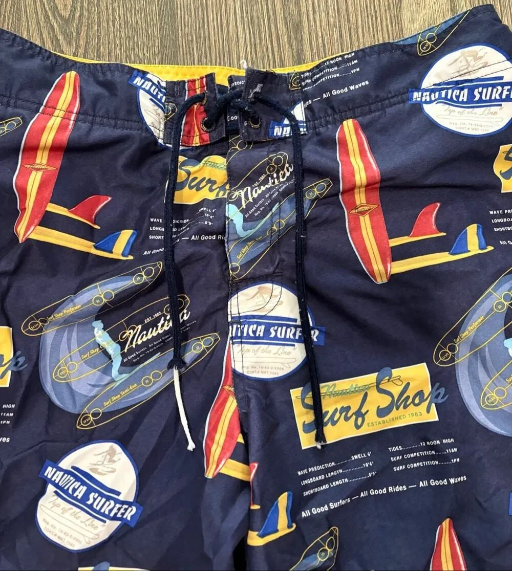 Nautica Men's Surf Shop Printed Graphic Swim Board Shorts Navy Combo Size 32W
